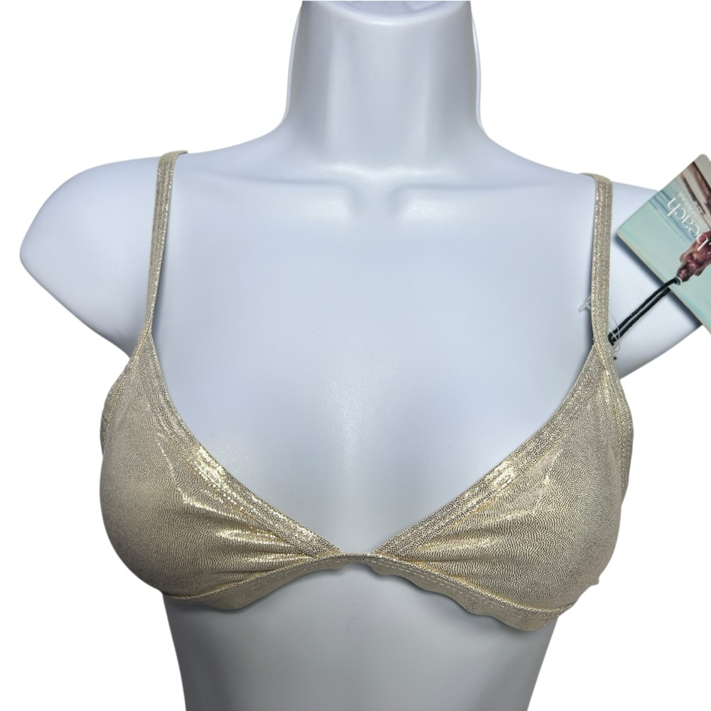 SANDY BEACH gold metallic triangle bikini swim top w adjustable straps sz S NWT